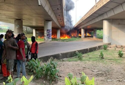 2 Burnt As Diesel Tanker Plunges From Lagos’ Otedola Bridge, Bursts Into Flames